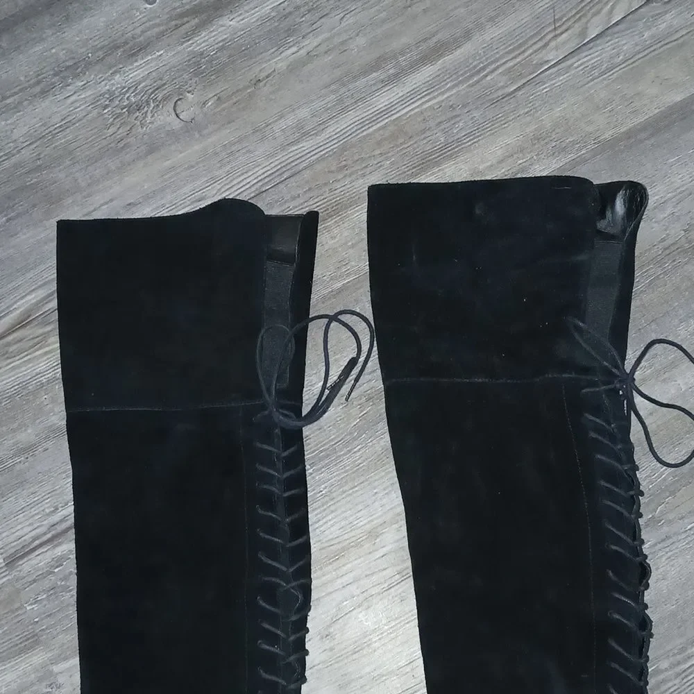 ALDO Bresa suede black over the knee lace laced back block heel boots  Sz 6.5